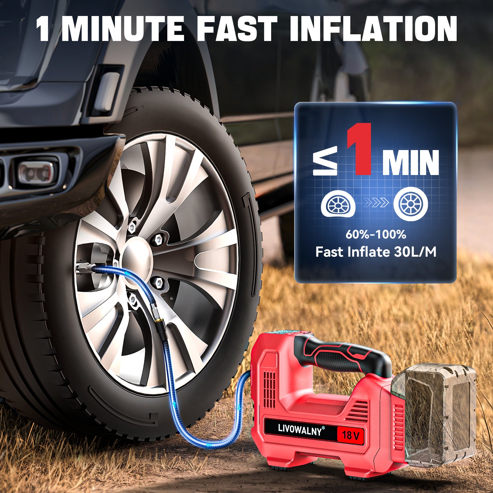 WELMOTIVE Portable Car Tire Inflator - Fast Auto Pump With Digital Display, 6000mAh Battery