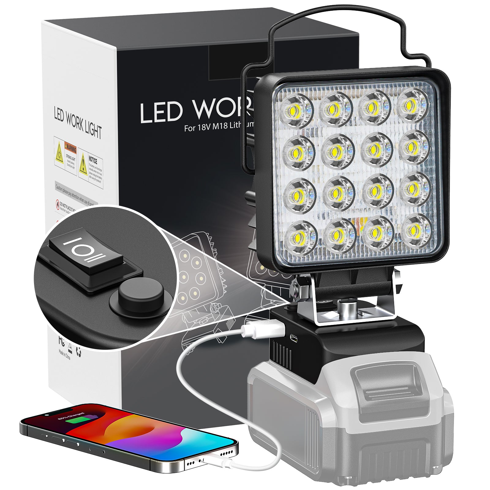 48W Battery Powered Work light dual switch flood light for camping