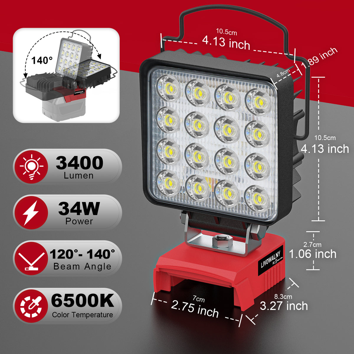 Foco LED Portátil RIGIDON Para Batería Dewalt 18V/20V - 40W 4000LM, Luz Blanca Fría, IPX4