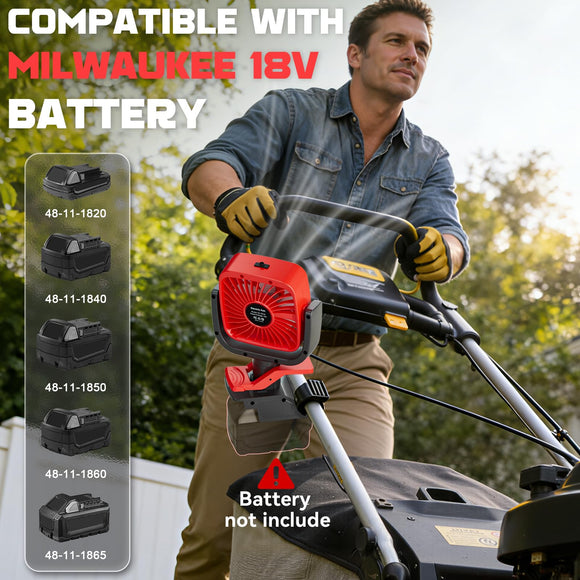 LIVOWALNY Clip Fan Compatible with Milwaukee 18V Battery, 4" Cordless Portable Clip-On Fan with 3 Speeds & Adjustable Angle for Camping Jobsite Tent Travel Fishing Outdoor (No Battery)