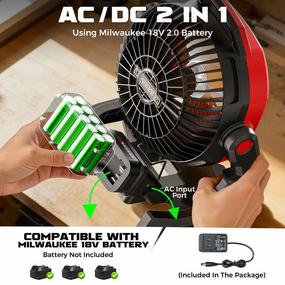 LIVOWALNY Battery Powered Fan Compatible with Milwaukee 18V Battery 3500RPM with AC Adapter Portable Floor Fan with Hook Handle Variable Speed for Camping Jobsite Tent Outdoor (No Battery)