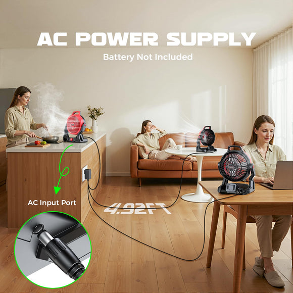 LIVOWALNY Battery Powered Fan Compatible with Milwaukee 18V Battery 3500RPM with AC Adapter Portable Floor Fan with Hook Handle Variable Speed for Camping Jobsite Tent Outdoor (No Battery)