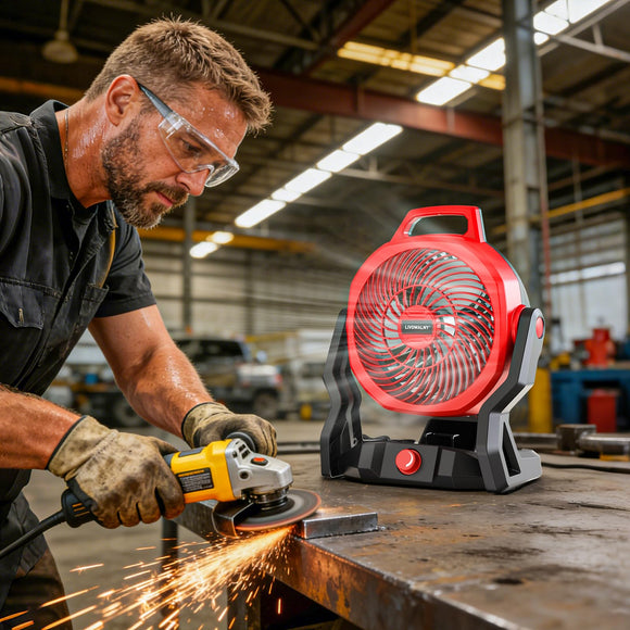 LIVOWALNY Battery Powered Fan Compatible with Milwaukee 18V Battery 3500RPM with AC Adapter Portable Floor Fan with Hook Handle Variable Speed for Camping Jobsite Tent Outdoor (No Battery)