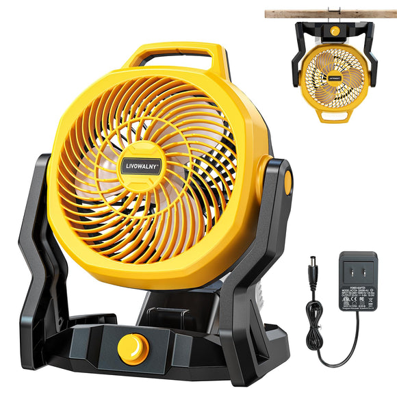 LIVOWALNY Battery Powered Fan Compatible with Dewalt 20V Battery, 3500RPM with AC Adapter Portable Floor Fan with Hook Handle Variable Speed for Camping Jobsite Tent Outdoor (No Battery)