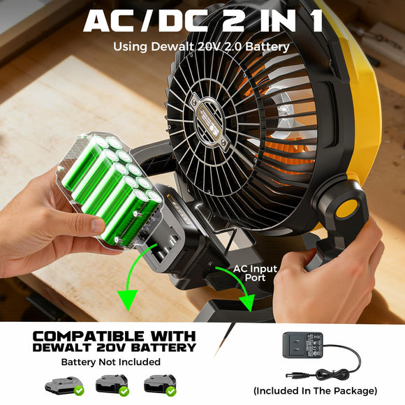 LIVOWALNY Battery Powered Fan Compatible with Dewalt 20V Battery, 3500RPM with AC Adapter Portable Floor Fan with Hook Handle Variable Speed for Camping Jobsite Tent Outdoor (No Battery)