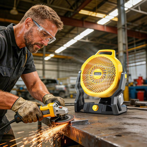 LIVOWALNY Battery Powered Fan Compatible with Dewalt 20V Battery, 3500RPM with AC Adapter Portable Floor Fan with Hook Handle Variable Speed for Camping Jobsite Tent Outdoor (No Battery)
